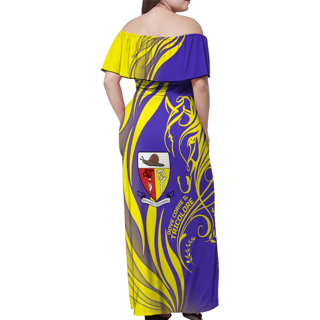 Campione d’Italia Family Matching Off Shoulder Maxi Dress and Hawaiian Shirt with Yellow Horse Graphic and Purple Flame Crest - Wonder Print Shop