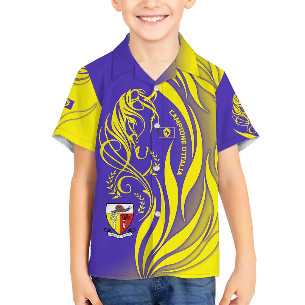 Campione d’Italia Family Matching Off Shoulder Maxi Dress and Hawaiian Shirt with Yellow Horse Graphic and Purple Flame Crest - Wonder Print Shop