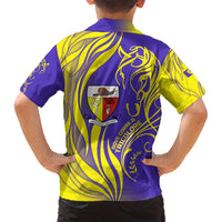 Campione d’Italia Family Matching Off Shoulder Short Dress and Hawaiian Shirt with Yellow Horse Graphic and Purple Flame Crest - Wonder Print Shop
