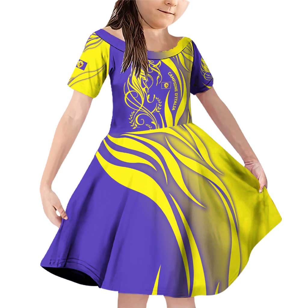 Campione d’Italia Family Matching Off Shoulder Short Dress and Hawaiian Shirt with Yellow Horse Graphic and Purple Flame Crest - Wonder Print Shop