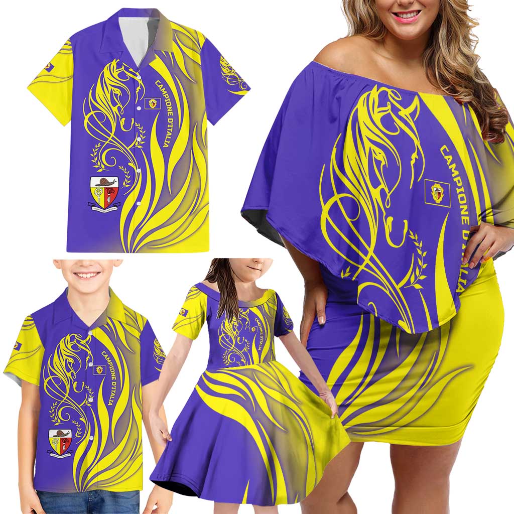 Campione d’Italia Family Matching Off Shoulder Short Dress and Hawaiian Shirt with Yellow Horse Graphic and Purple Flame Crest - Wonder Print Shop