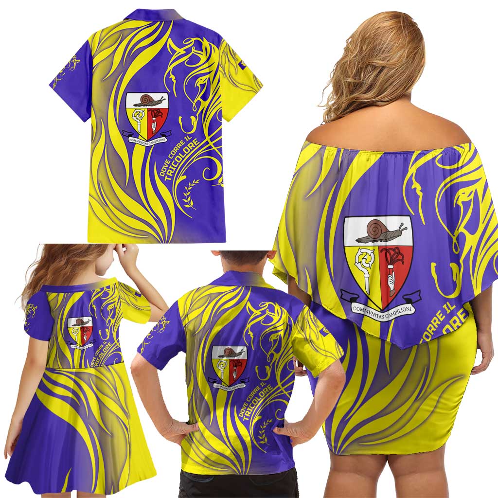 Campione d’Italia Family Matching Off Shoulder Short Dress and Hawaiian Shirt with Yellow Horse Graphic and Purple Flame Crest - Wonder Print Shop