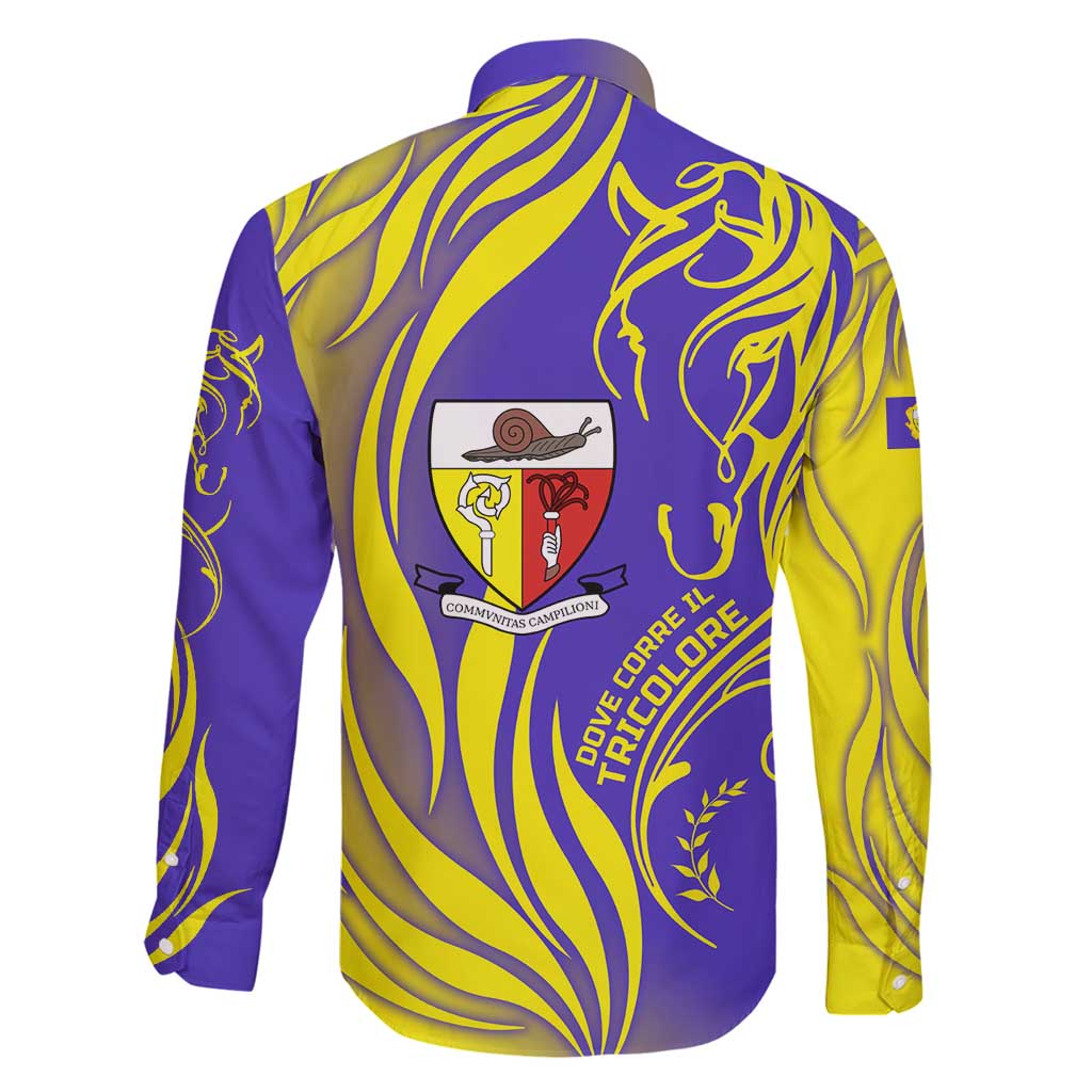 Campione d’Italia Family Matching Off Shoulder Short Dress and Hawaiian Shirt with Yellow Horse Graphic and Purple Flame Crest - Wonder Print Shop