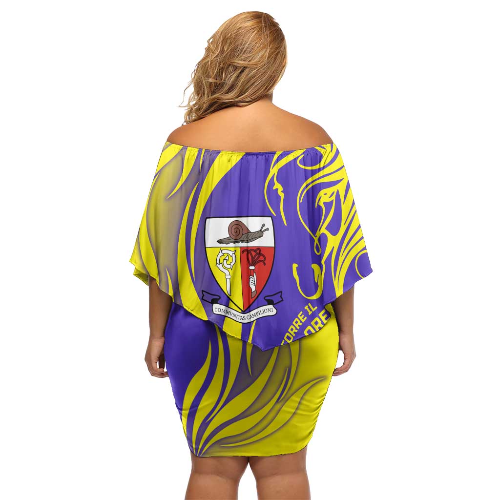 Campione d’Italia Family Matching Off Shoulder Short Dress and Hawaiian Shirt with Yellow Horse Graphic and Purple Flame Crest - Wonder Print Shop