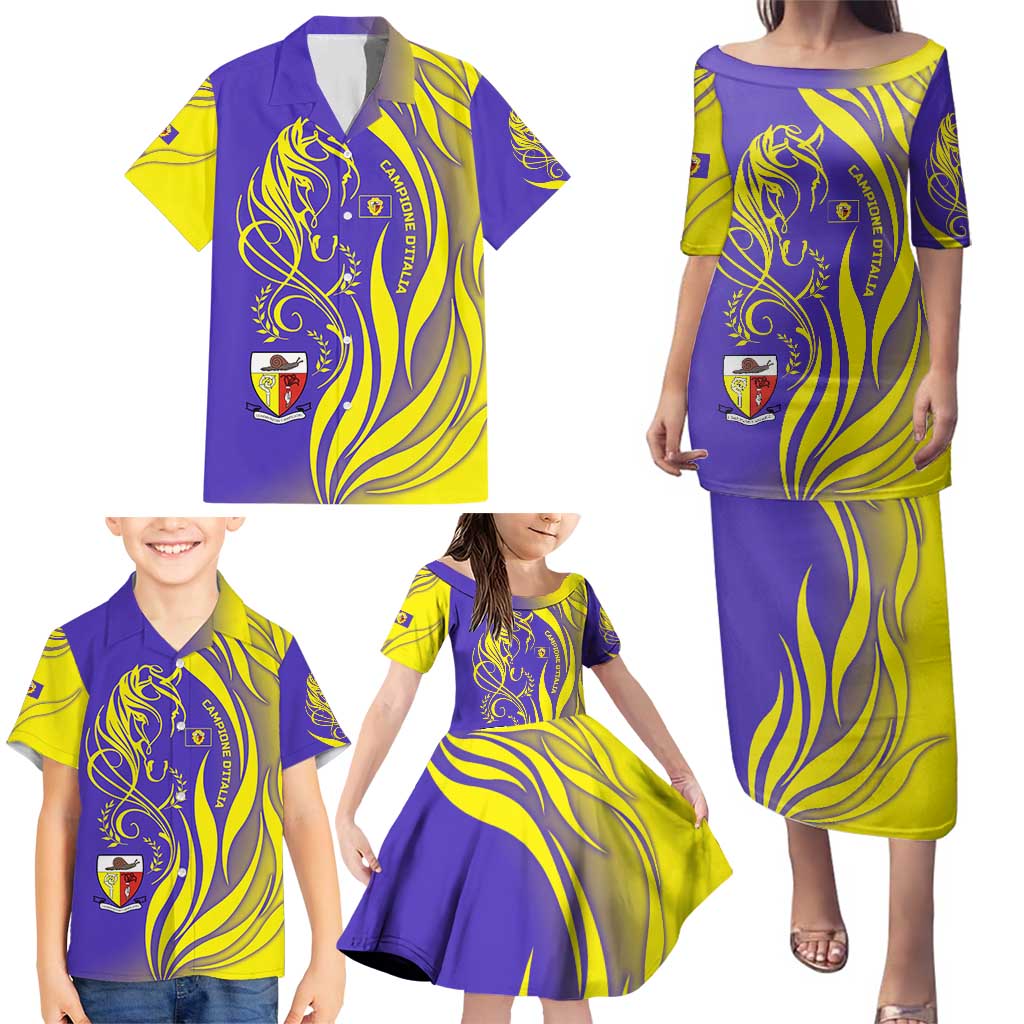 Campione d’Italia Family Matching Puletasi and Hawaiian Shirt with Yellow Horse Graphic and Purple Flame Crest - Wonder Print Shop