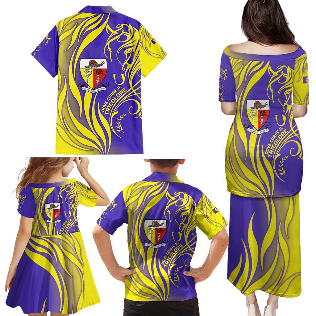 Campione d’Italia Family Matching Puletasi and Hawaiian Shirt with Yellow Horse Graphic and Purple Flame Crest - Wonder Print Shop