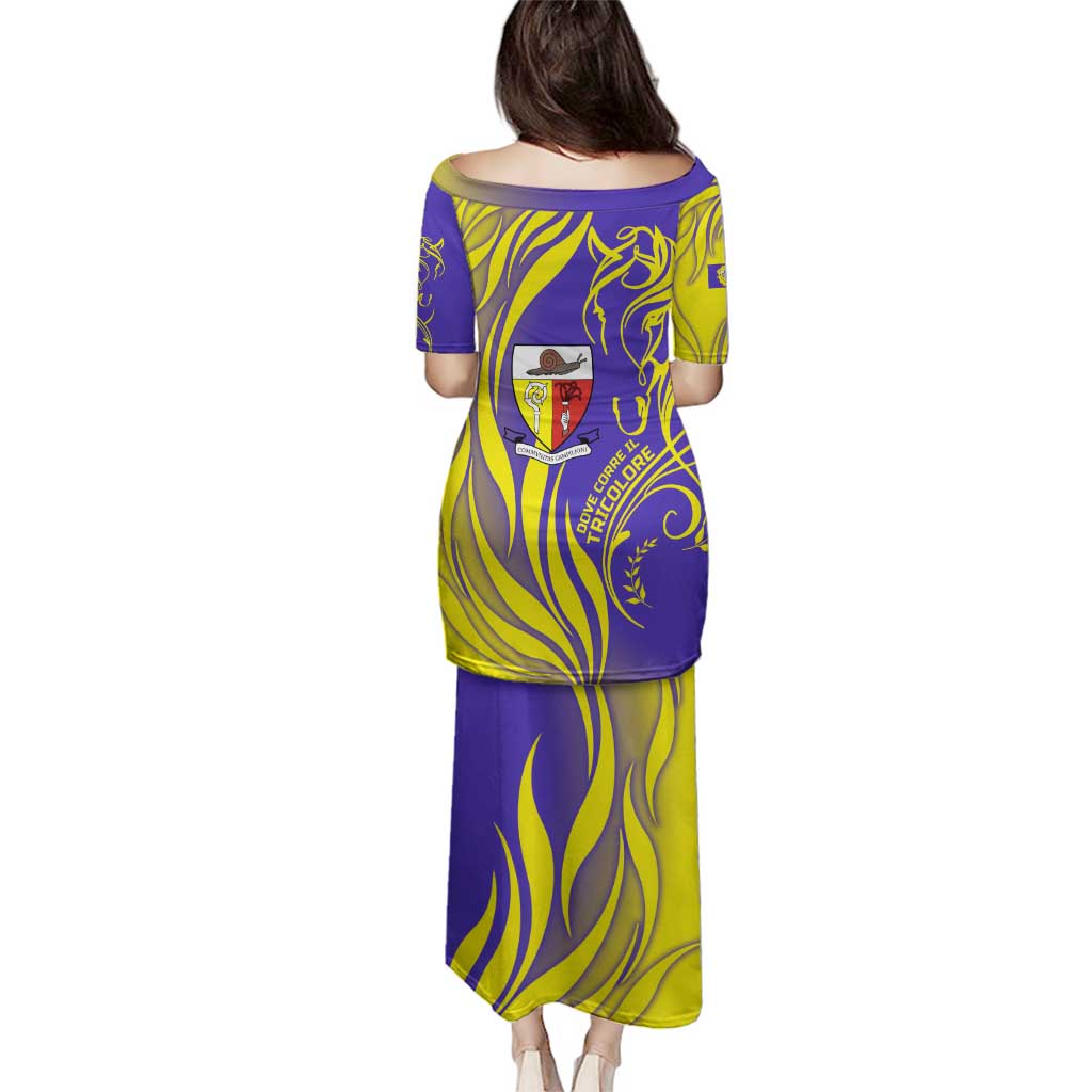 Campione d’Italia Family Matching Puletasi and Hawaiian Shirt with Yellow Horse Graphic and Purple Flame Crest - Wonder Print Shop