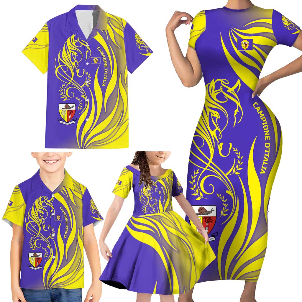 Campione d’Italia Family Matching Short Sleeve Bodycon Dress and Hawaiian Shirt with Yellow Horse Graphic and Purple Flame Crest - Wonder Print Shop