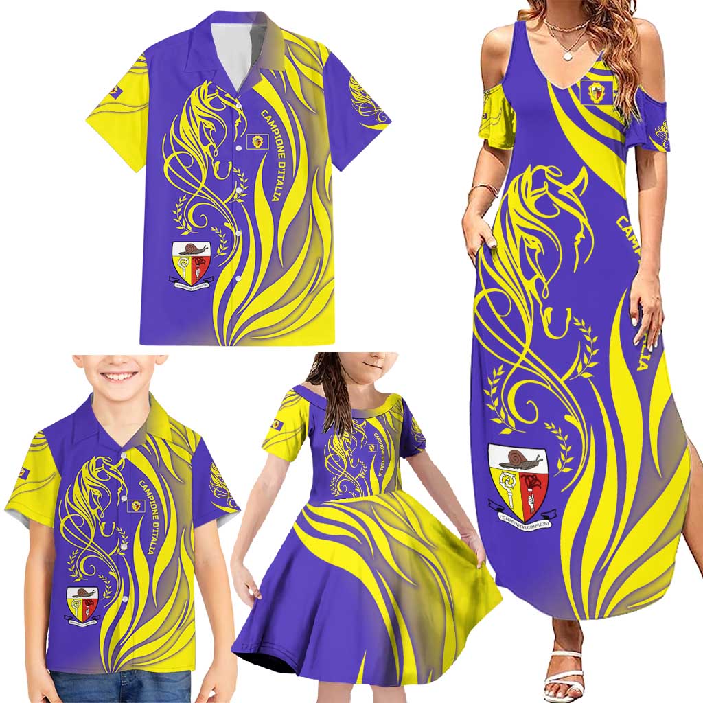 Campione d’Italia Family Matching Summer Maxi Dress and Hawaiian Shirt with Yellow Horse Graphic and Purple Flame Crest - Wonder Print Shop
