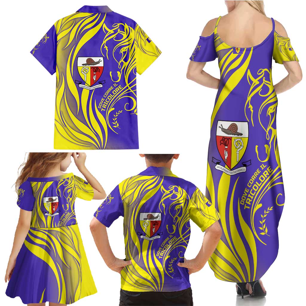 Campione d’Italia Family Matching Summer Maxi Dress and Hawaiian Shirt with Yellow Horse Graphic and Purple Flame Crest - Wonder Print Shop