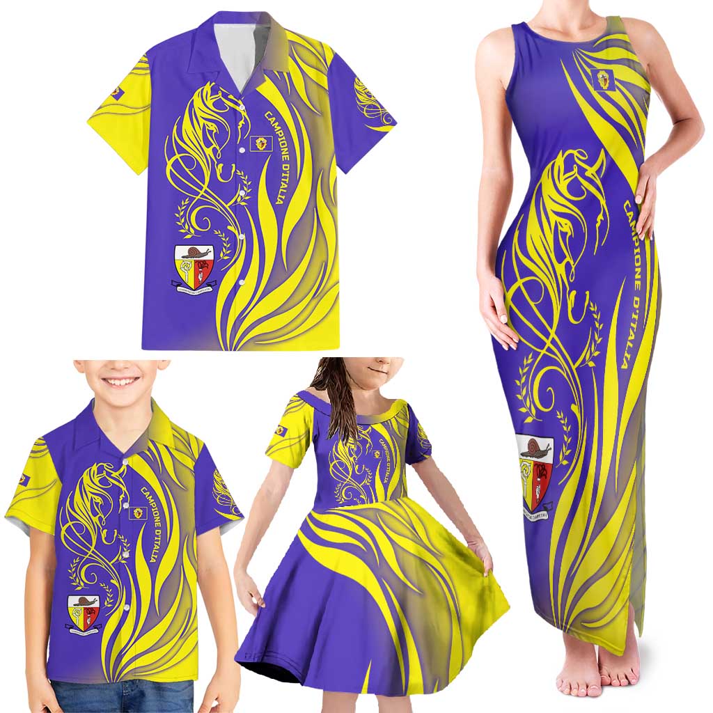 Campione d’Italia Family Matching Tank Maxi Dress and Hawaiian Shirt with Yellow Horse Graphic and Purple Flame Crest - Wonder Print Shop