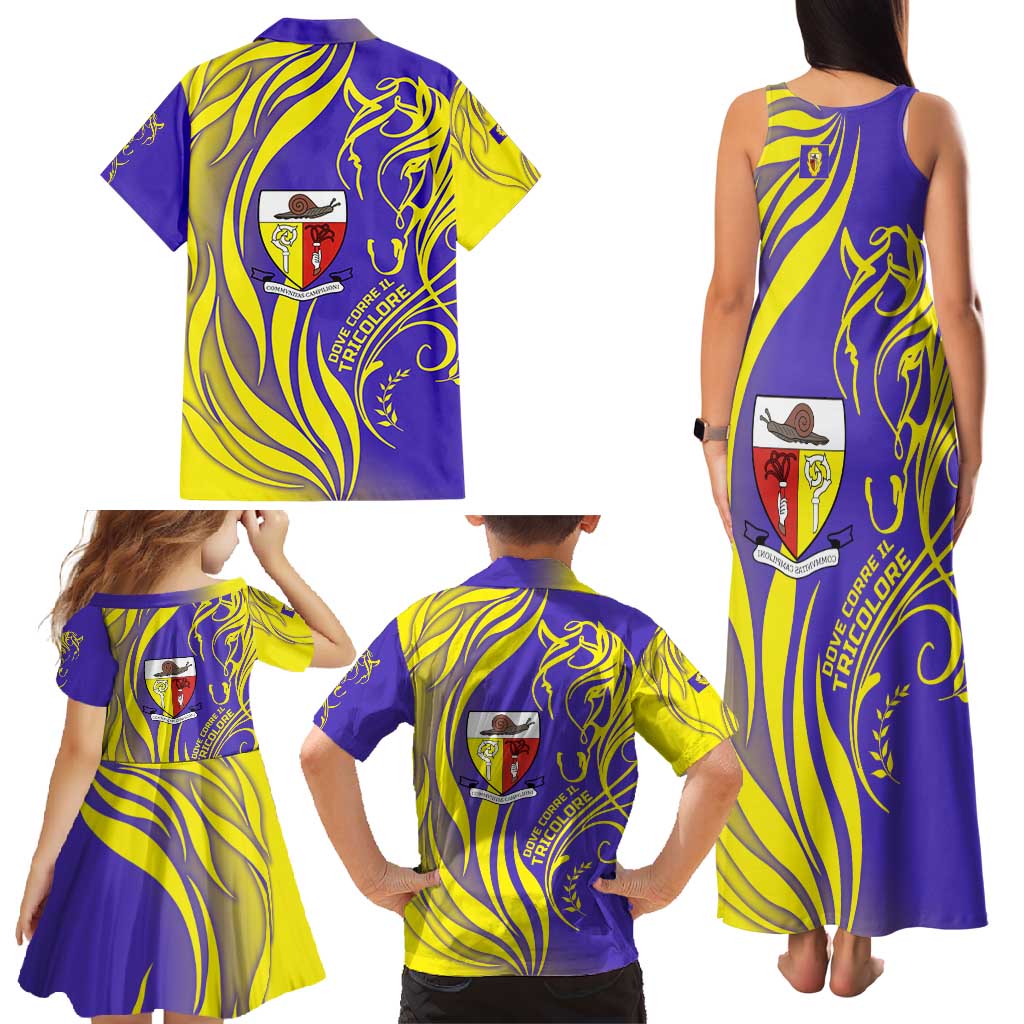Campione d’Italia Family Matching Tank Maxi Dress and Hawaiian Shirt with Yellow Horse Graphic and Purple Flame Crest - Wonder Print Shop