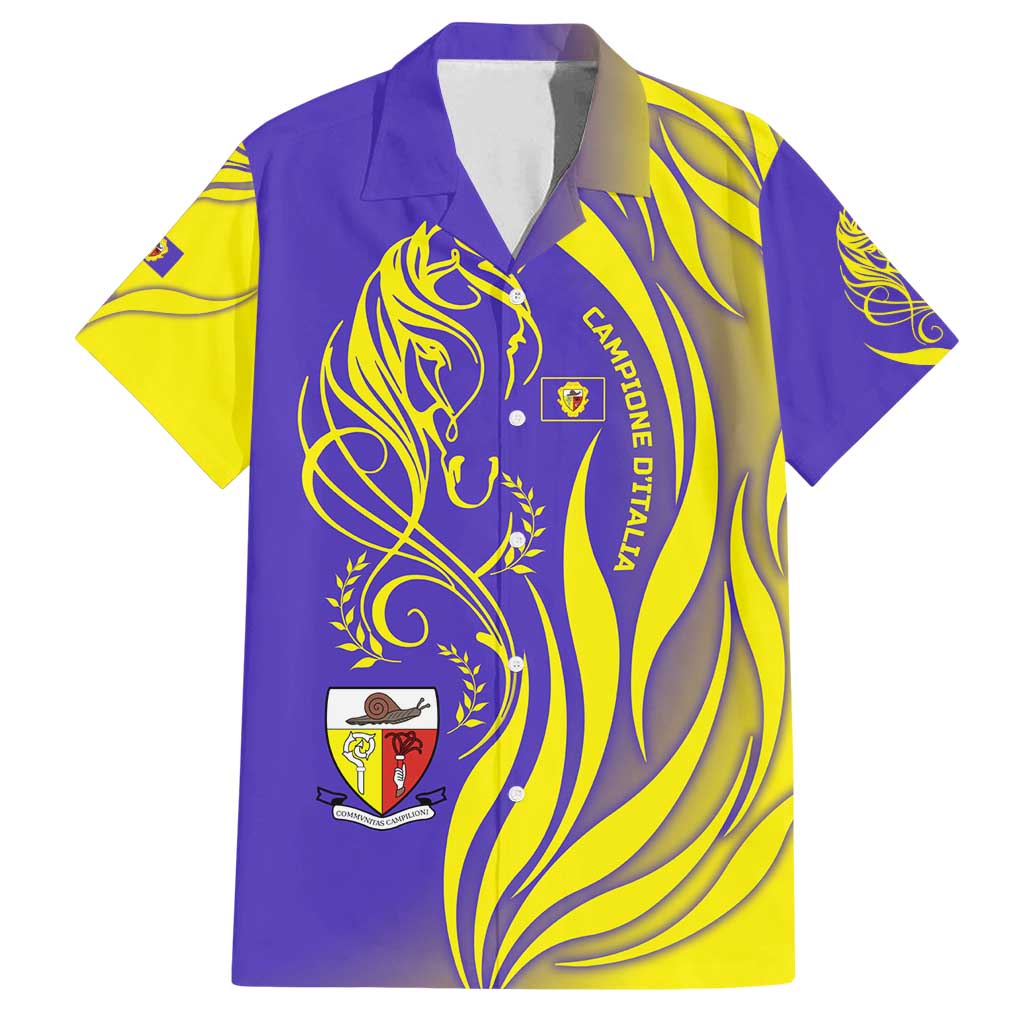Campione d’Italia Family Matching Tank Maxi Dress and Hawaiian Shirt with Yellow Horse Graphic and Purple Flame Crest - Wonder Print Shop