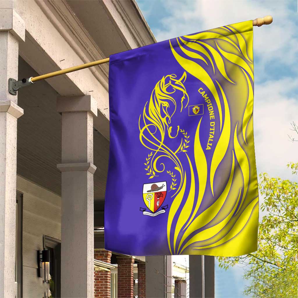 Campione d’Italia Garden Flag with Yellow Horse Graphic and Purple Flame Crest - Wonder Print Shop