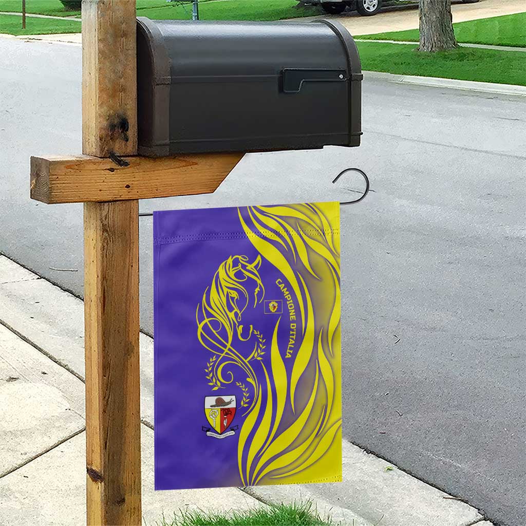 Campione d’Italia Garden Flag with Yellow Horse Graphic and Purple Flame Crest - Wonder Print Shop