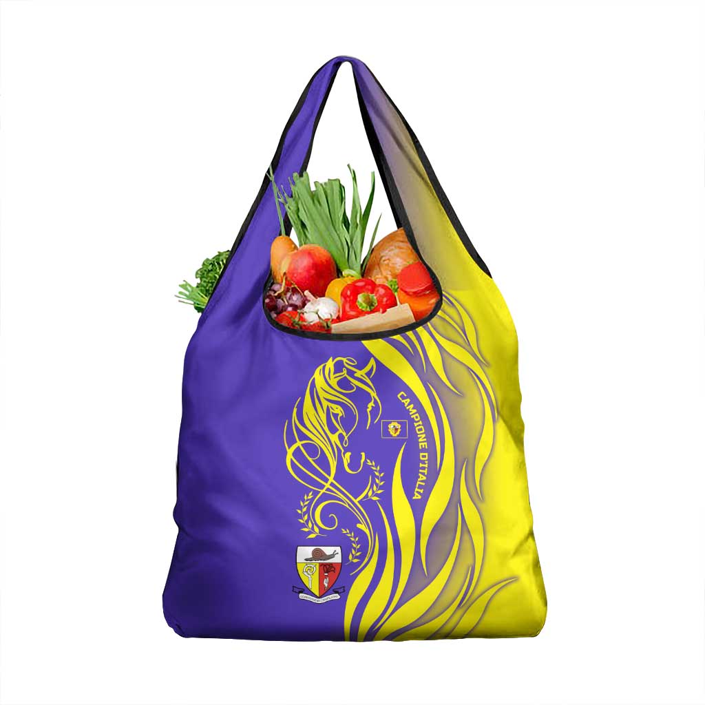 Campione d’Italia Grocery Bag with Yellow Horse Graphic and Purple Flame Crest - Wonder Print Shop
