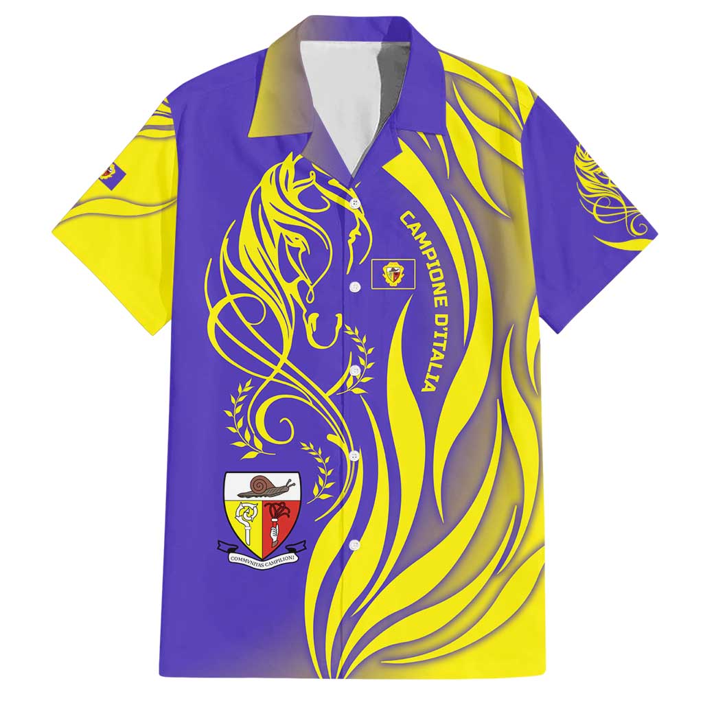 Campione d’Italia Hawaiian Shirt with Yellow Horse Graphic and Purple Flame Crest - Wonder Print Shop