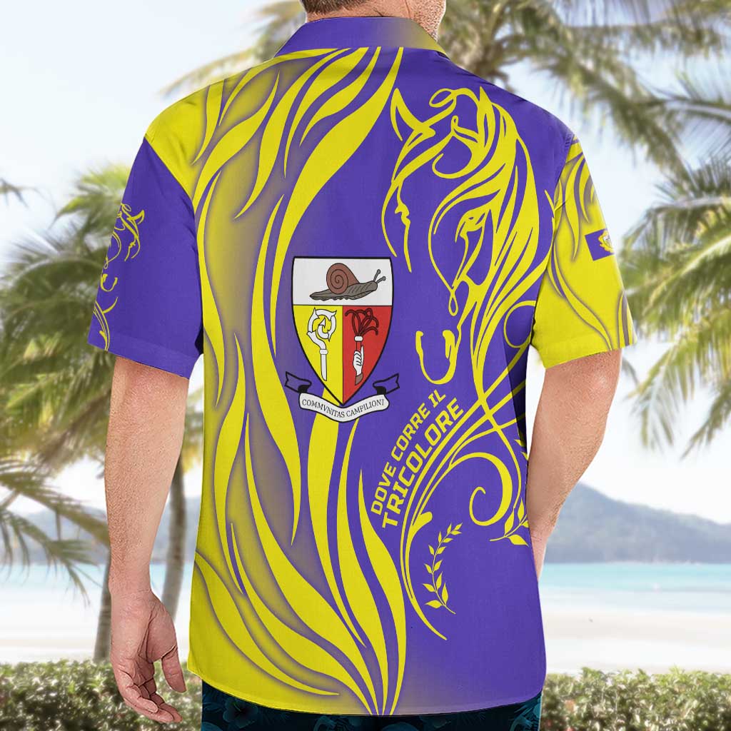 Campione d’Italia Hawaiian Shirt with Yellow Horse Graphic and Purple Flame Crest - Wonder Print Shop