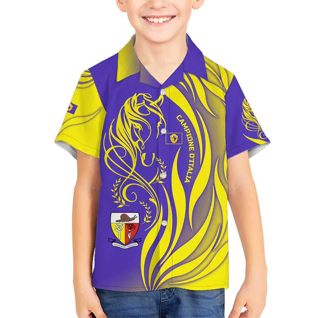 Campione d’Italia Hawaiian Shirt with Yellow Horse Graphic and Purple Flame Crest - Wonder Print Shop