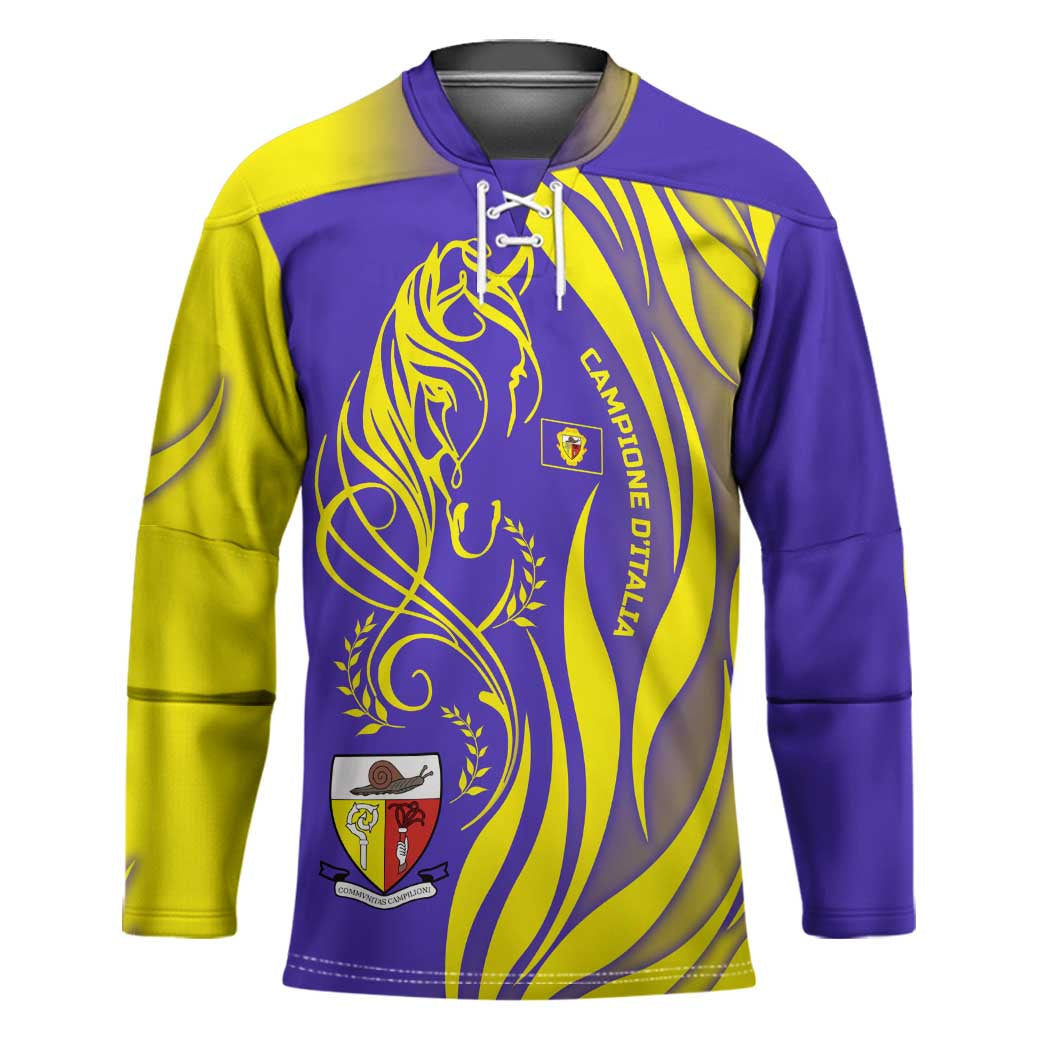 Campione d’Italia Hockey Jersey with Yellow Horse Graphic and Purple Flame Crest - Wonder Print Shop