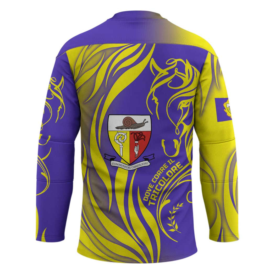 Campione d’Italia Hockey Jersey with Yellow Horse Graphic and Purple Flame Crest - Wonder Print Shop