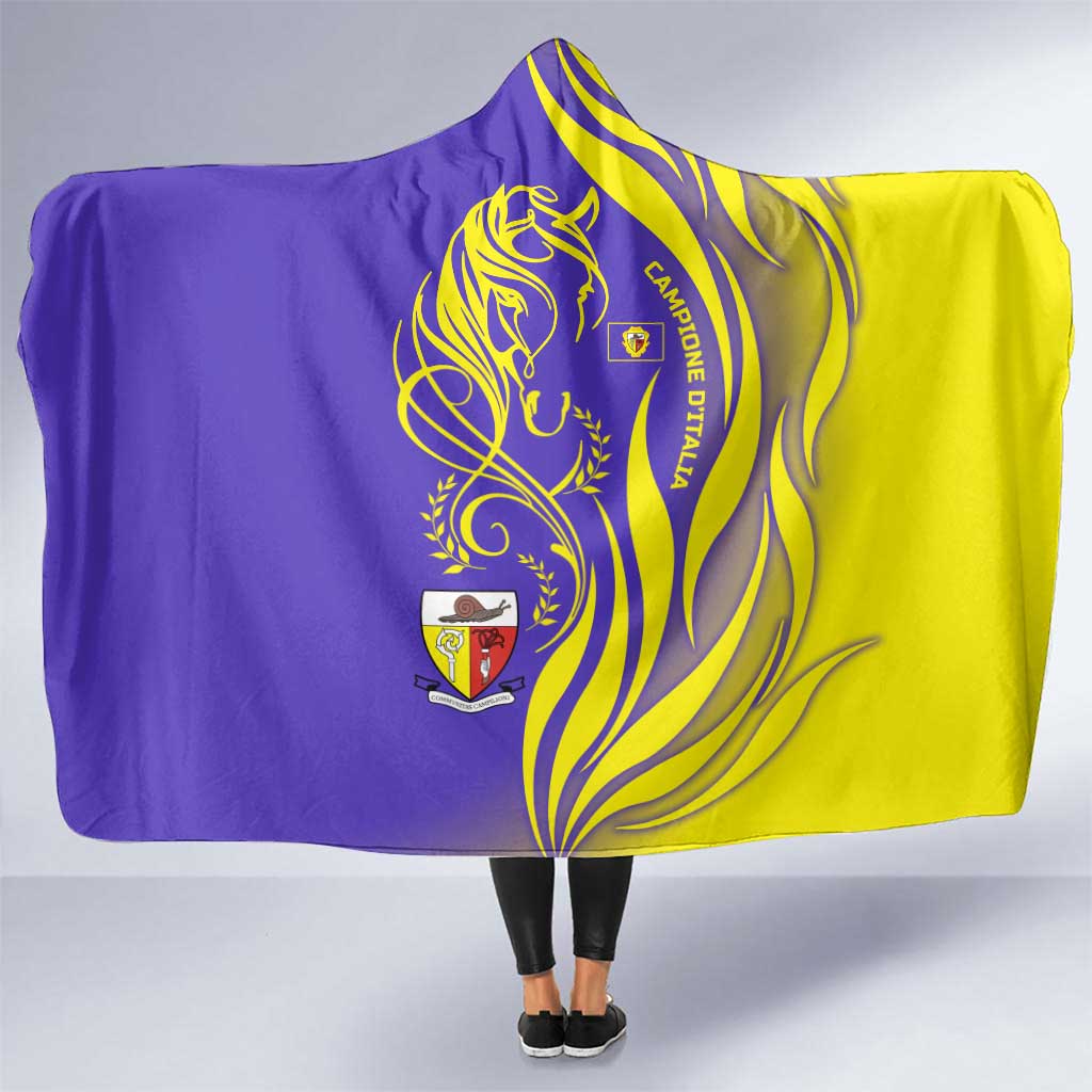 Campione d’Italia Hooded Blanket with Yellow Horse Graphic and Purple Flame Crest - Wonder Print Shop