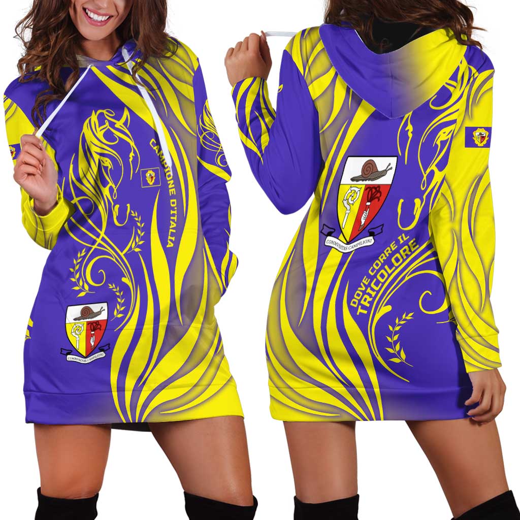 Campione d’Italia Hoodie Dress with Yellow Horse Graphic and Purple Flame Crest - Wonder Print Shop