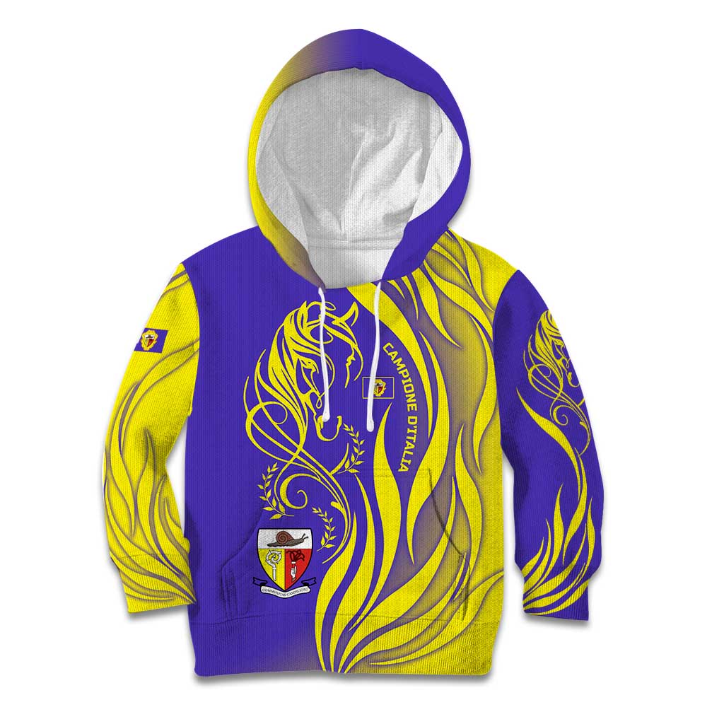 Campione d’Italia Kid Hoodie with Yellow Horse Graphic and Purple Flame Crest - Wonder Print Shop
