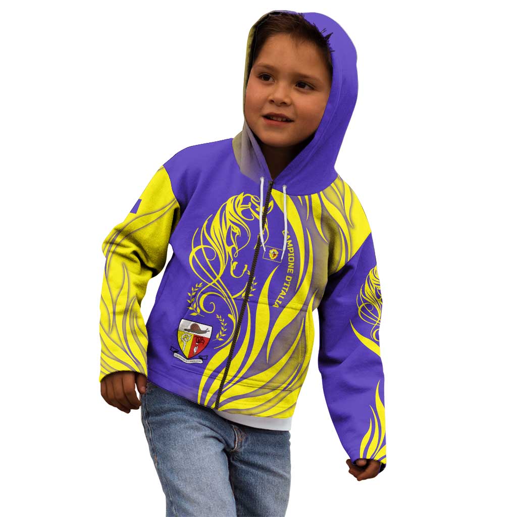 Campione d’Italia Kid Hoodie with Yellow Horse Graphic and Purple Flame Crest - Wonder Print Shop