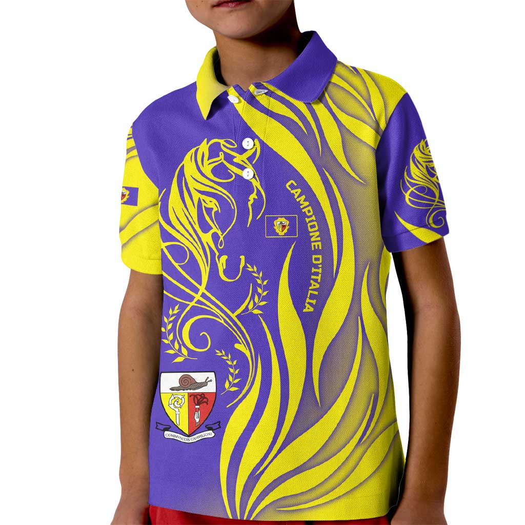 Campione d’Italia Kid Polo Shirt with Yellow Horse Graphic and Purple Flame Crest - Wonder Print Shop