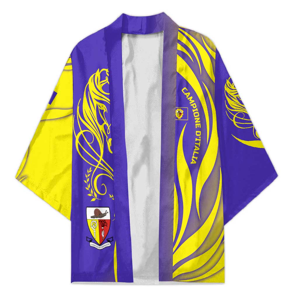 Campione d’Italia Kimono with Yellow Horse Graphic and Purple Flame Crest - Wonder Print Shop