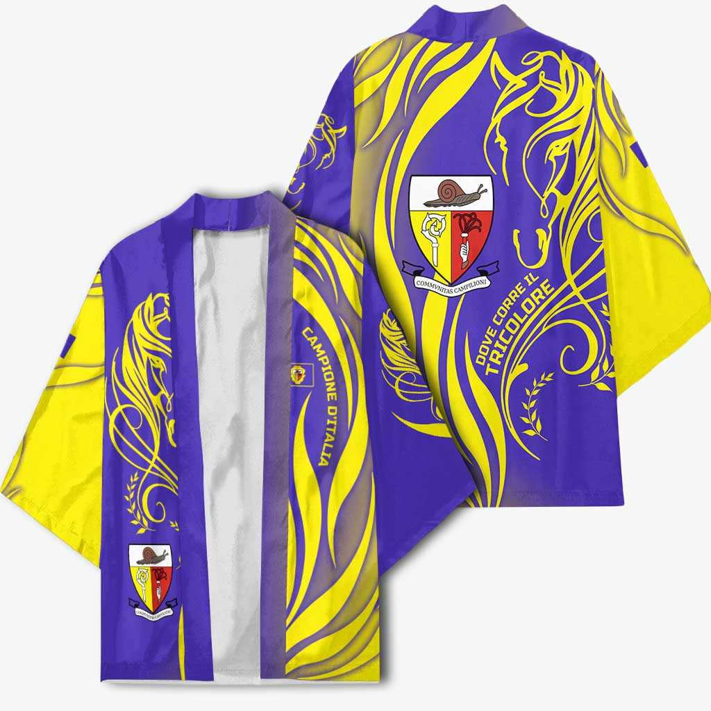 Campione d’Italia Kimono with Yellow Horse Graphic and Purple Flame Crest - Wonder Print Shop