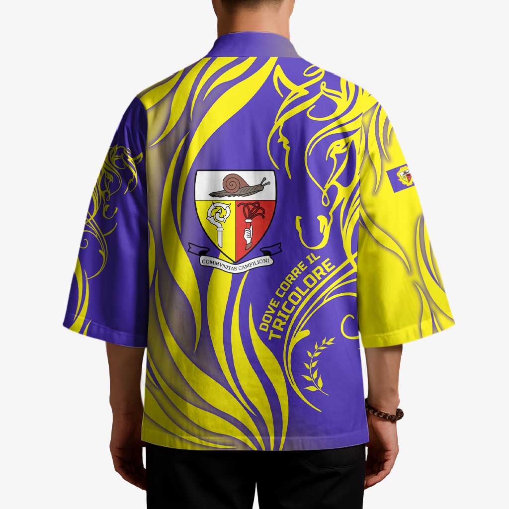 Campione d’Italia Kimono with Yellow Horse Graphic and Purple Flame Crest - Wonder Print Shop