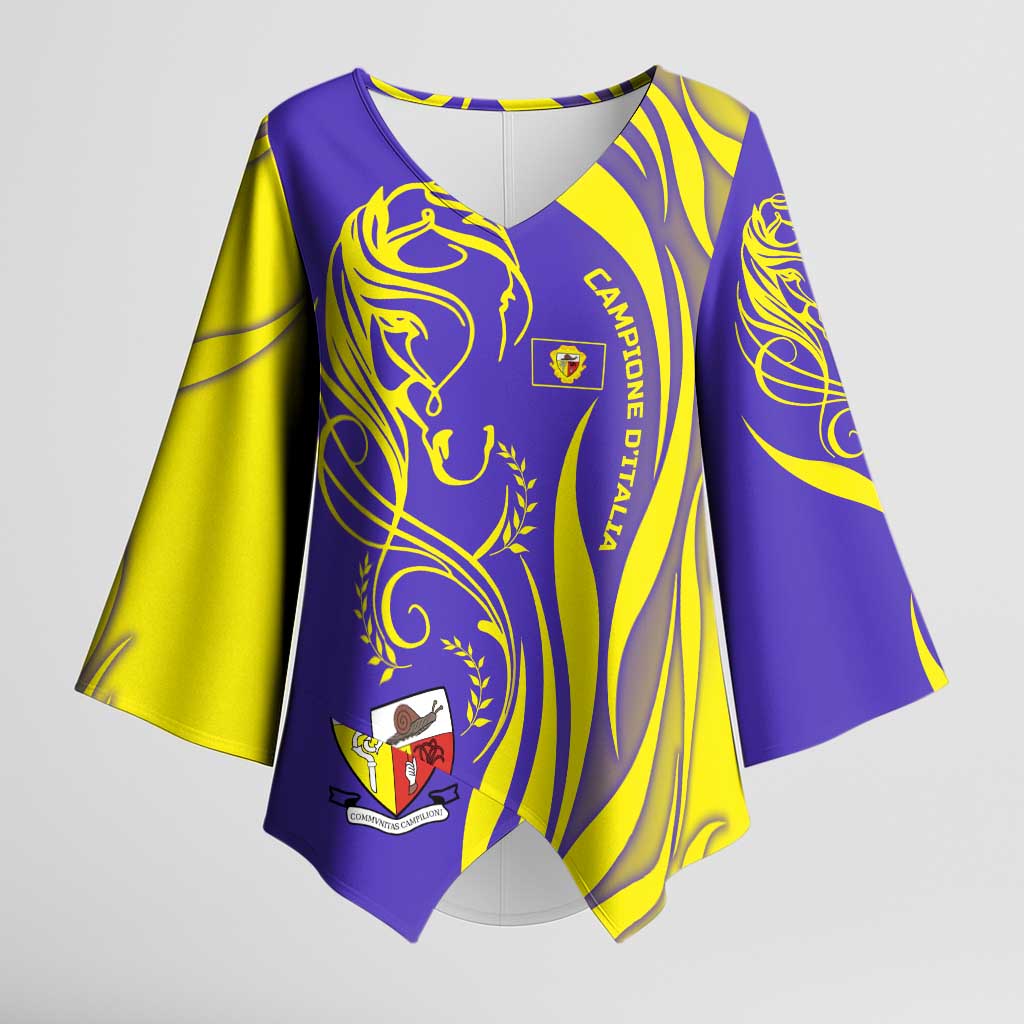 Campione d’Italia Kimono Sleeve Blouse with Yellow Horse Graphic and Purple Flame Crest - Wonder Print Shop