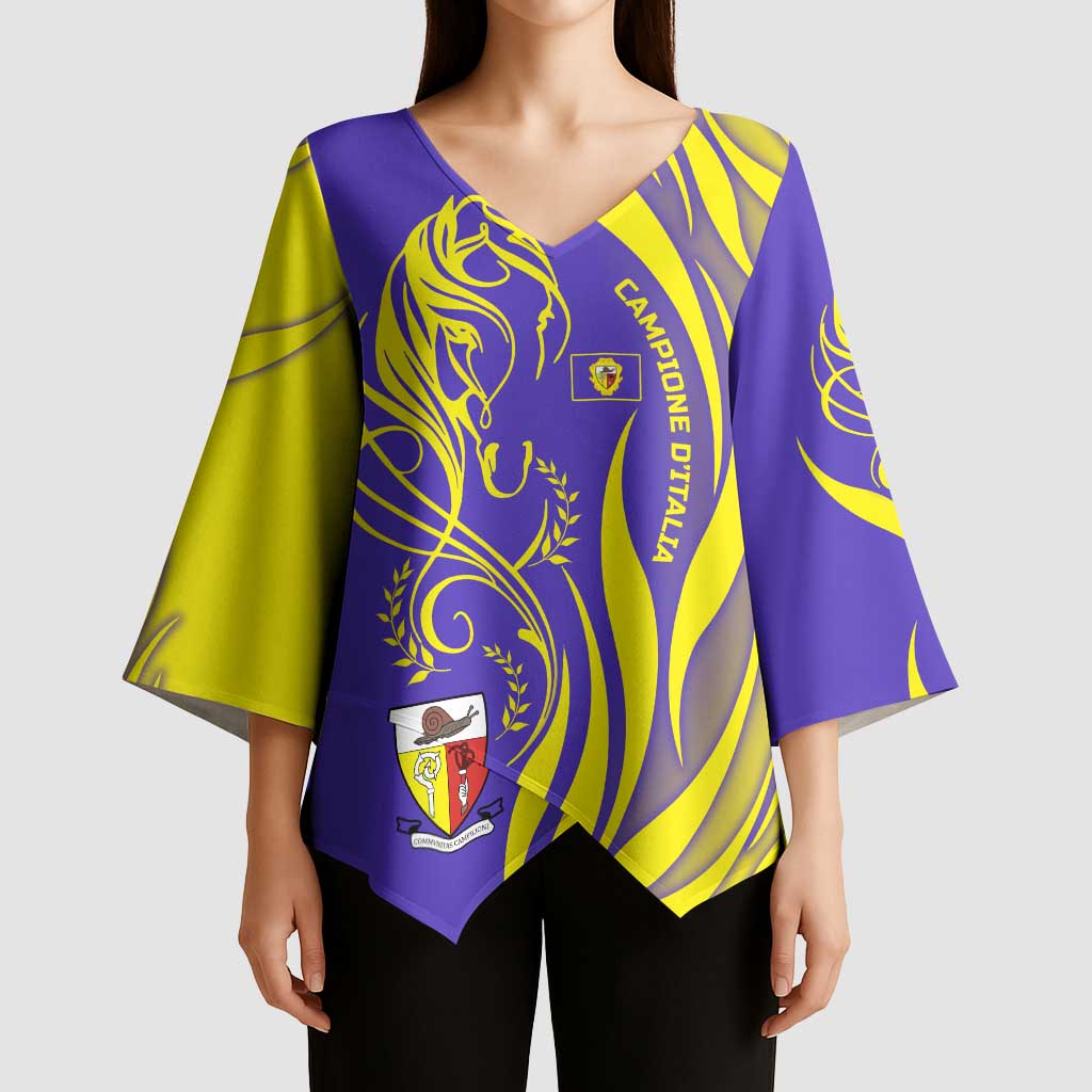 Campione d’Italia Kimono Sleeve Blouse with Yellow Horse Graphic and Purple Flame Crest - Wonder Print Shop