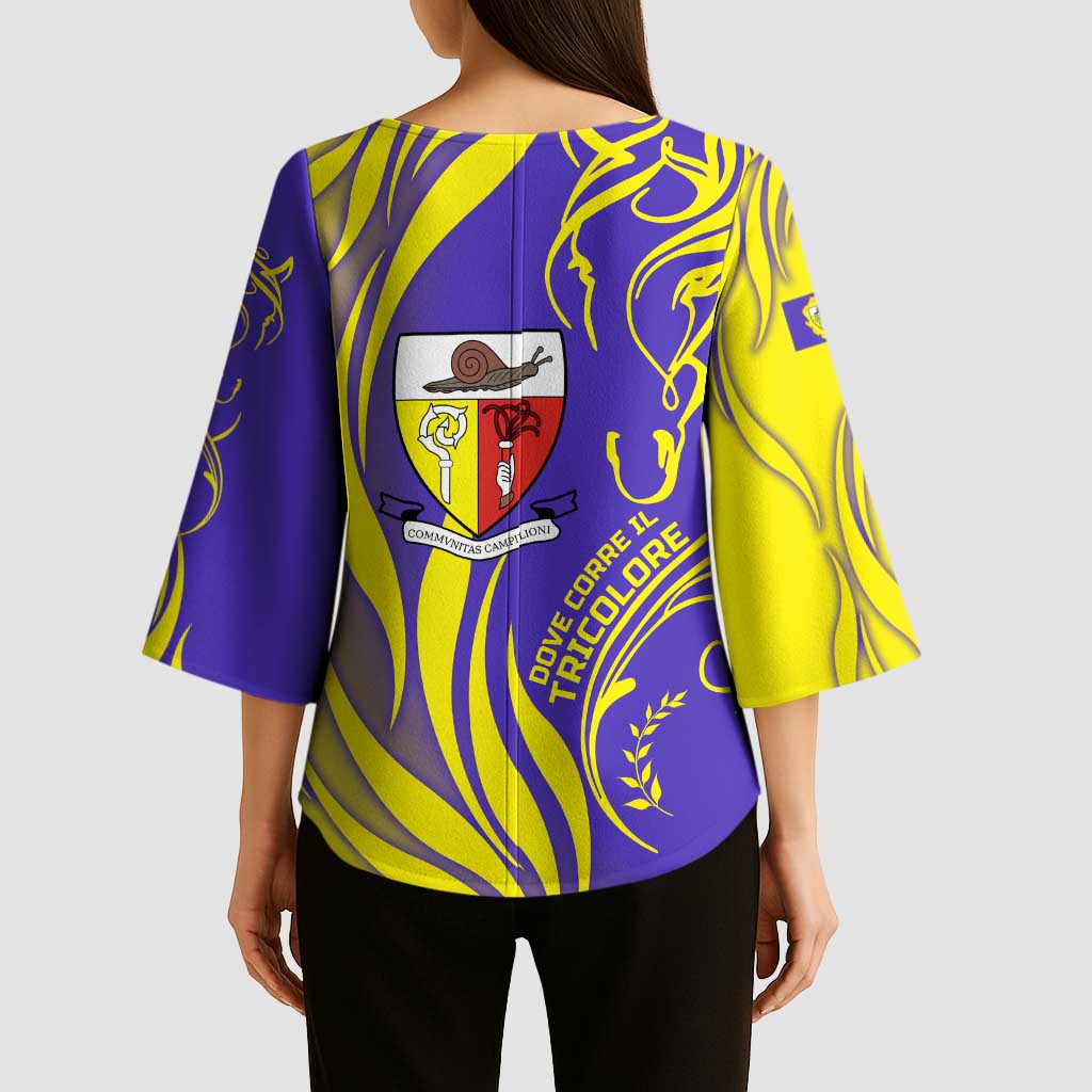 Campione d’Italia Kimono Sleeve Blouse with Yellow Horse Graphic and Purple Flame Crest - Wonder Print Shop