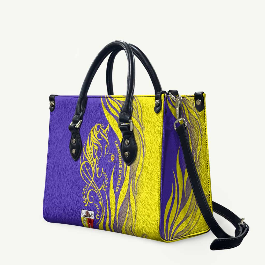 Campione d’Italia Leather Bag with Yellow Horse Graphic and Purple Flame Crest - Wonder Print Shop