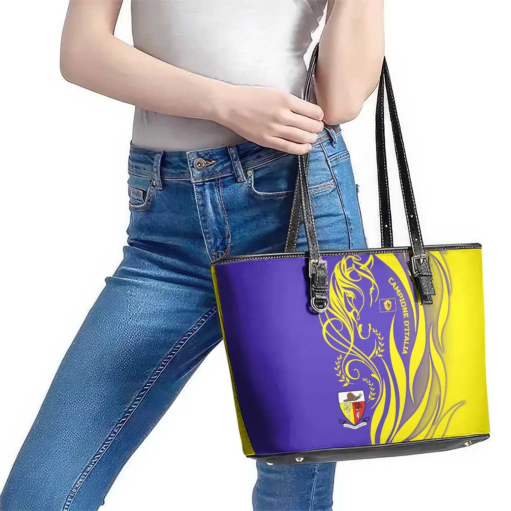 Campione d’Italia Leather Tote Bag with Yellow Horse Graphic and Purple Flame Crest - Wonder Print Shop