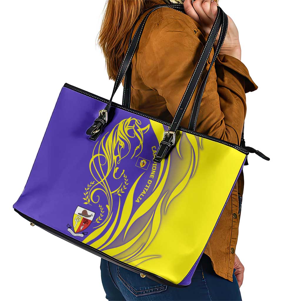 Campione d’Italia Leather Tote Bag with Yellow Horse Graphic and Purple Flame Crest - Wonder Print Shop