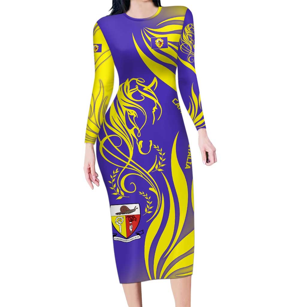 Campione d’Italia Long Sleeve Bodycon Dress with Yellow Horse Graphic and Purple Flame Crest - Wonder Print Shop