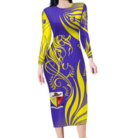 Campione d’Italia Long Sleeve Bodycon Dress with Yellow Horse Graphic and Purple Flame Crest - Wonder Print Shop