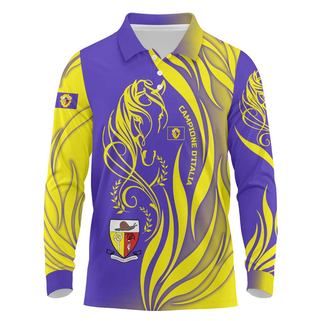 Campione d’Italia Long Sleeve Polo Shirt with Yellow Horse Graphic and Purple Flame Crest - Wonder Print Shop