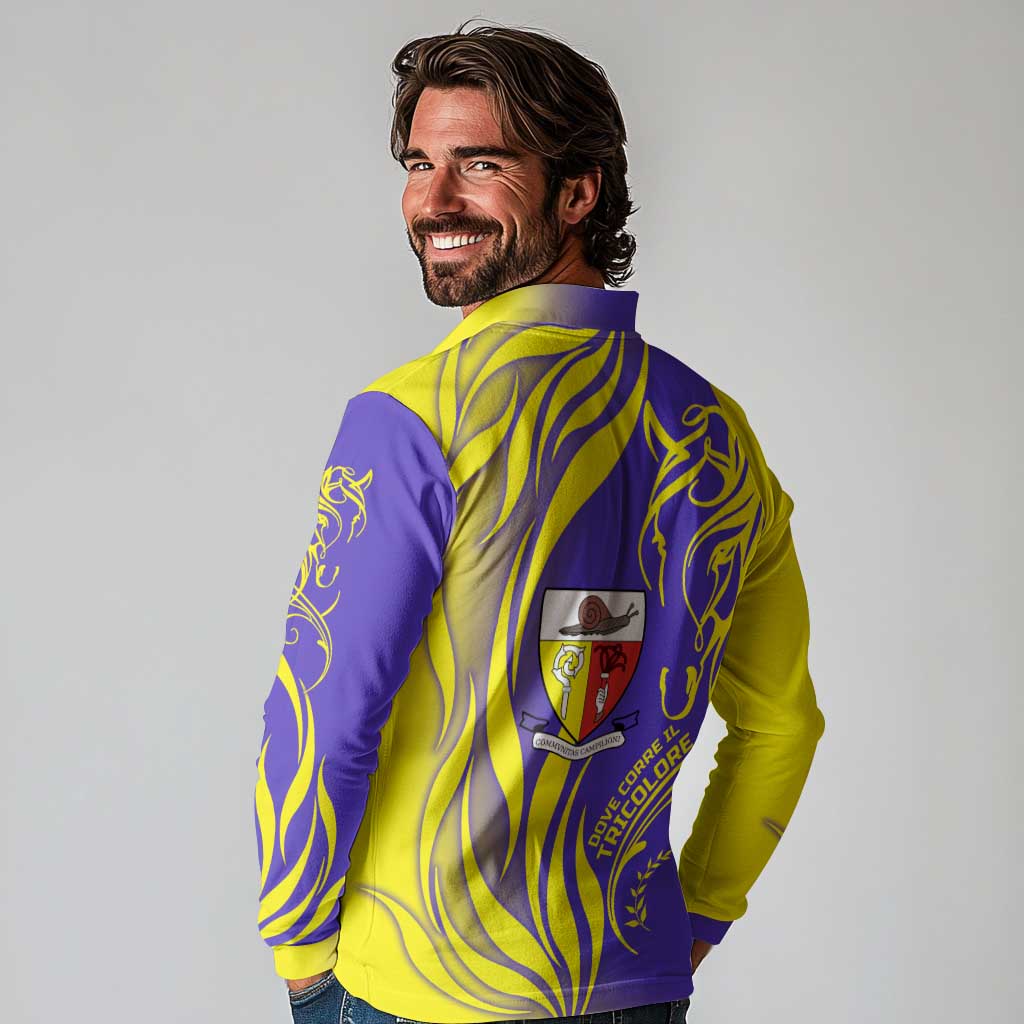 Campione d’Italia Long Sleeve Polo Shirt with Yellow Horse Graphic and Purple Flame Crest - Wonder Print Shop