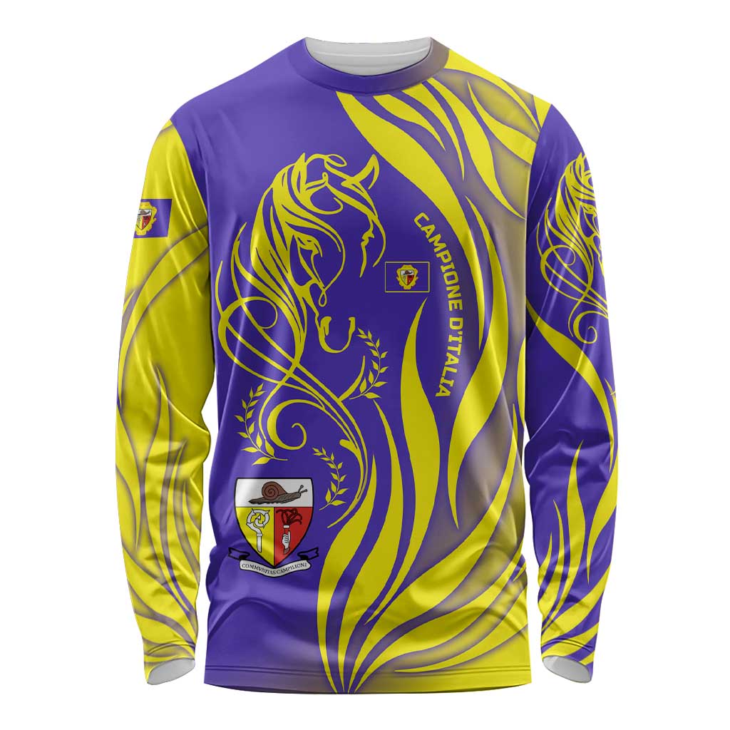 Campione d’Italia Long Sleeve Shirt with Yellow Horse Graphic and Purple Flame Crest - Wonder Print Shop