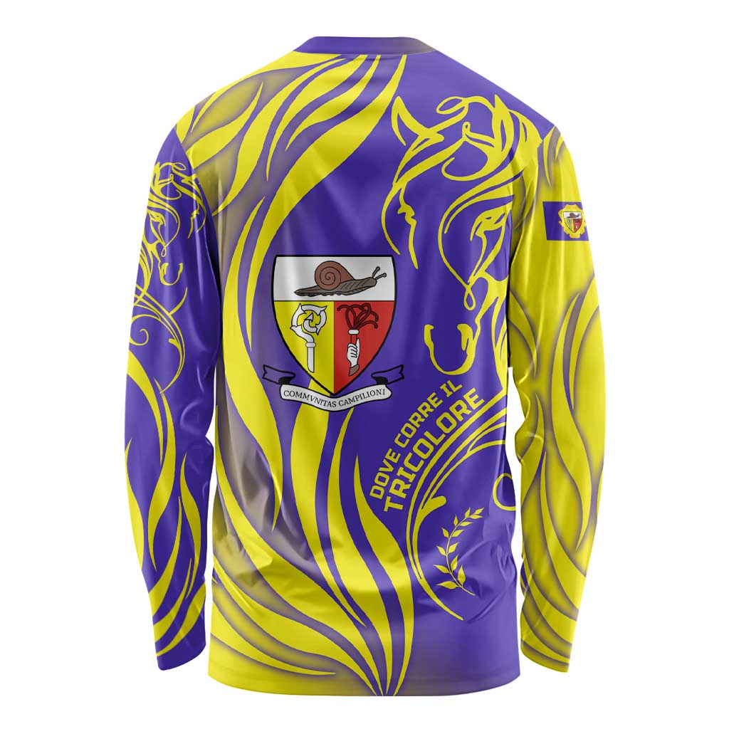 Campione d’Italia Long Sleeve Shirt with Yellow Horse Graphic and Purple Flame Crest - Wonder Print Shop