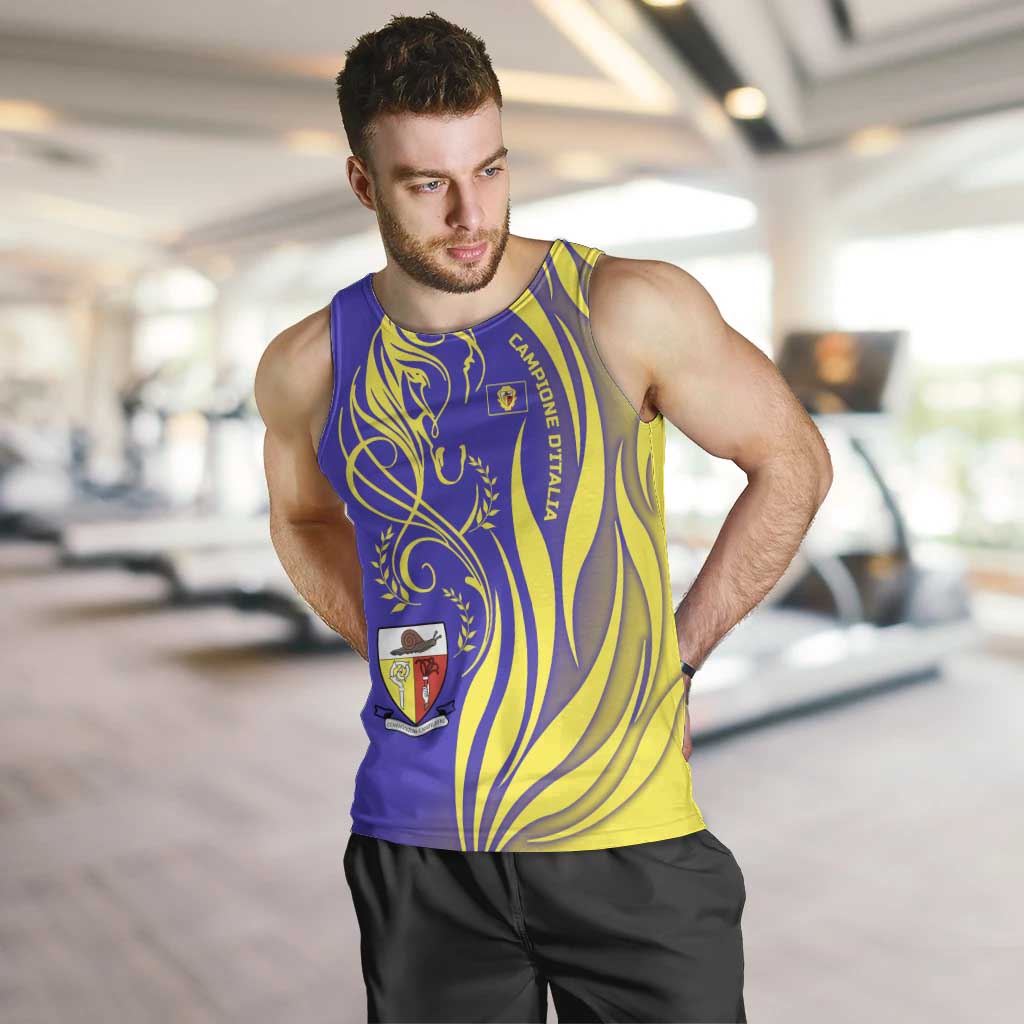 Campione d’Italia Men Tank Top with Yellow Horse Graphic and Purple Flame Crest - Wonder Print Shop