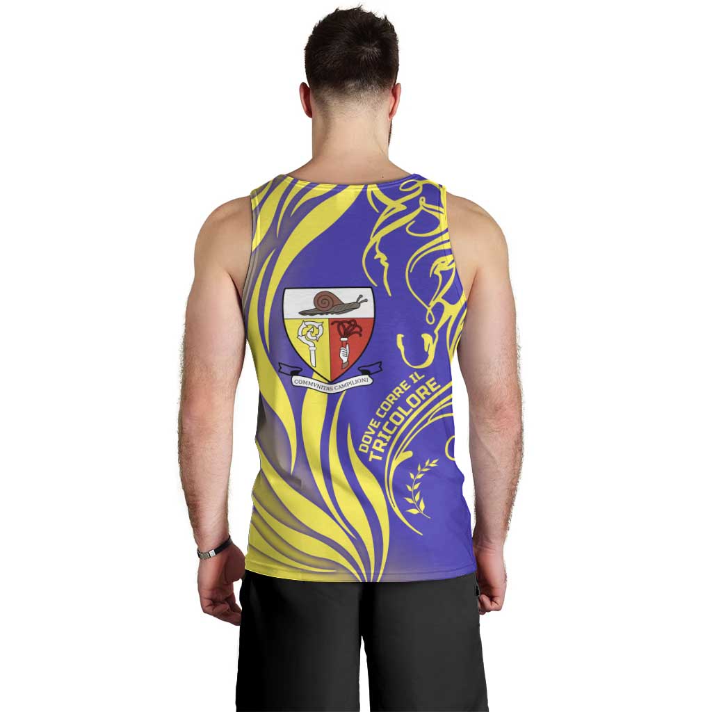 Campione d’Italia Men Tank Top with Yellow Horse Graphic and Purple Flame Crest - Wonder Print Shop
