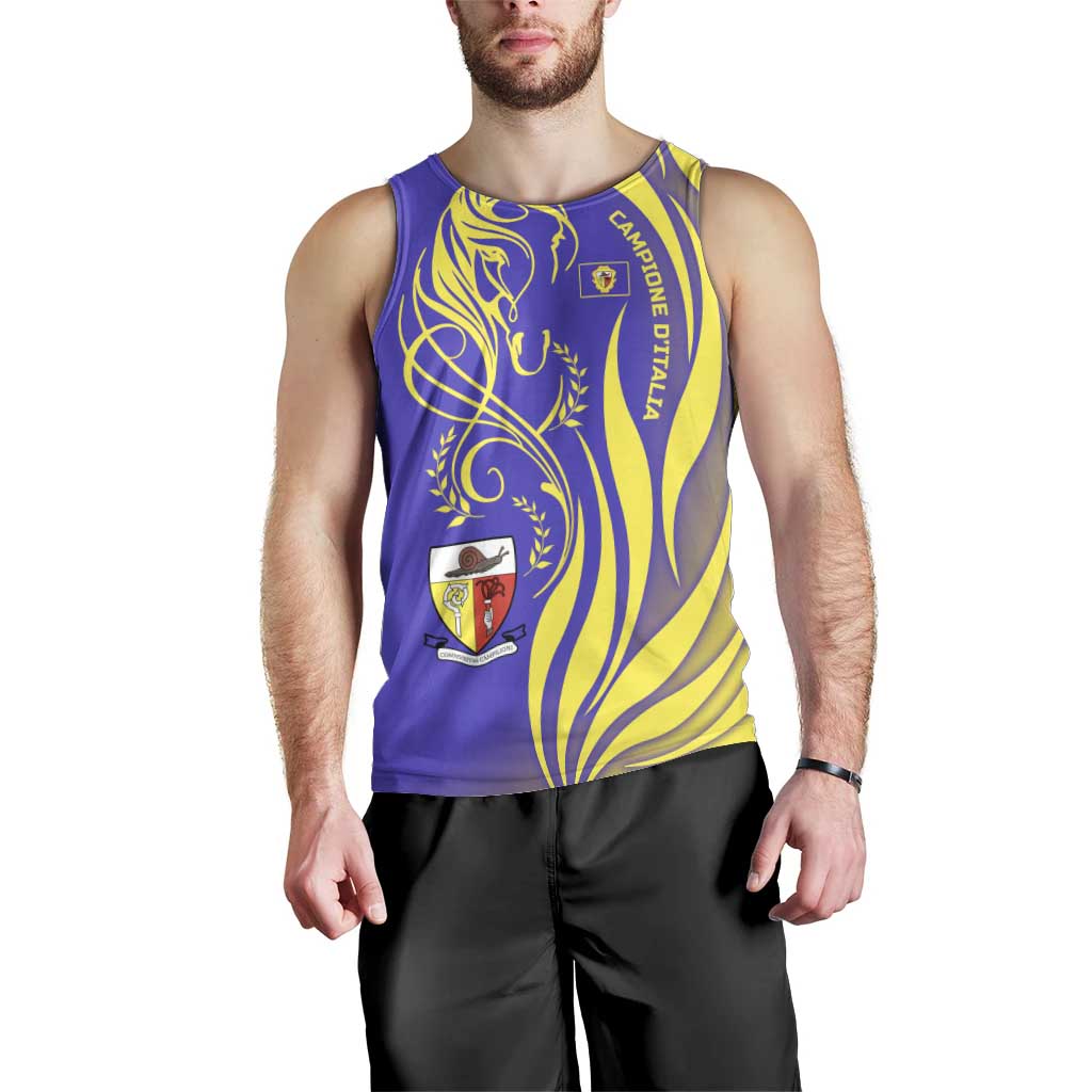 Campione d’Italia Men Tank Top with Yellow Horse Graphic and Purple Flame Crest - Wonder Print Shop