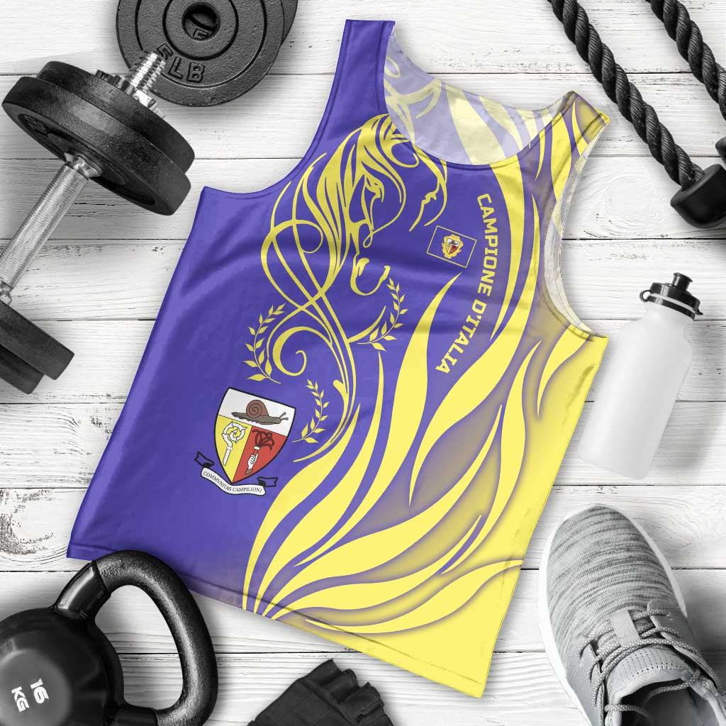 Campione d’Italia Men Tank Top with Yellow Horse Graphic and Purple Flame Crest - Wonder Print Shop