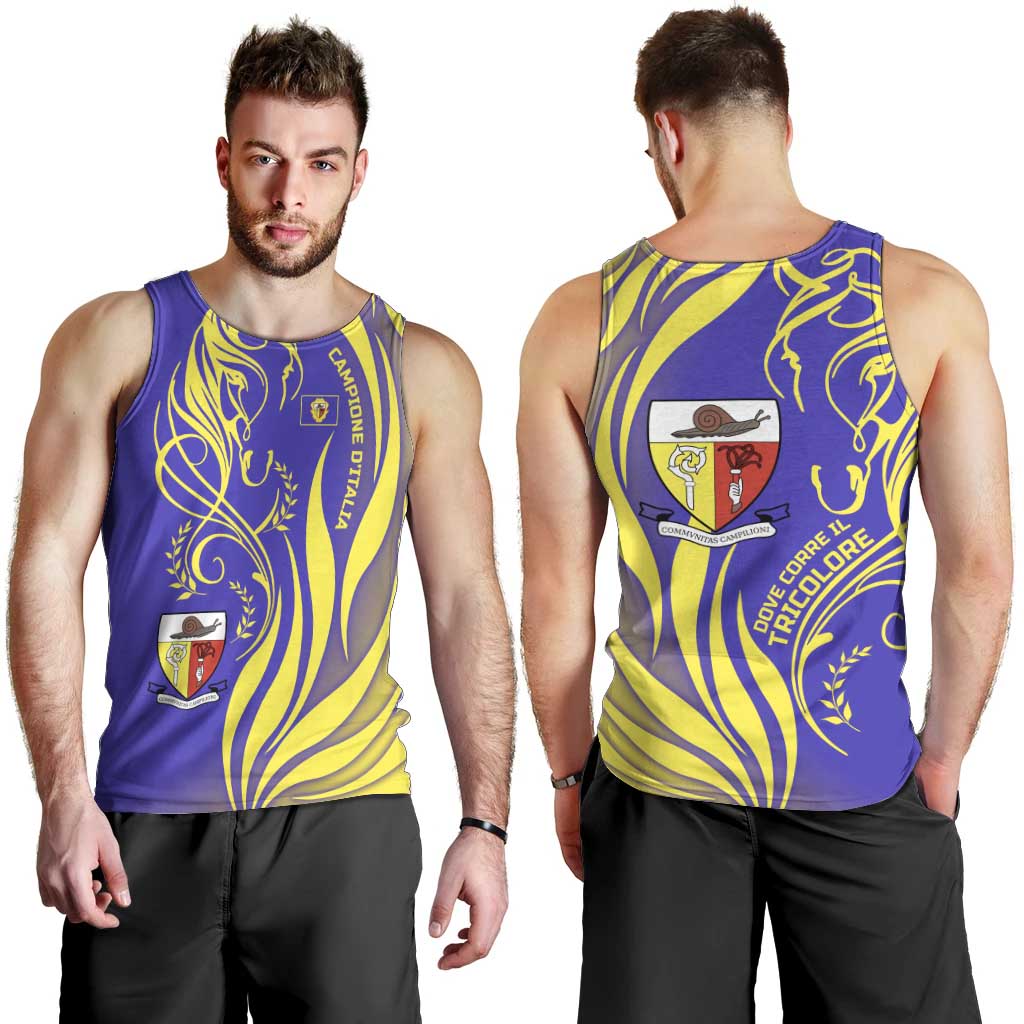Campione d’Italia Men Tank Top with Yellow Horse Graphic and Purple Flame Crest - Wonder Print Shop
